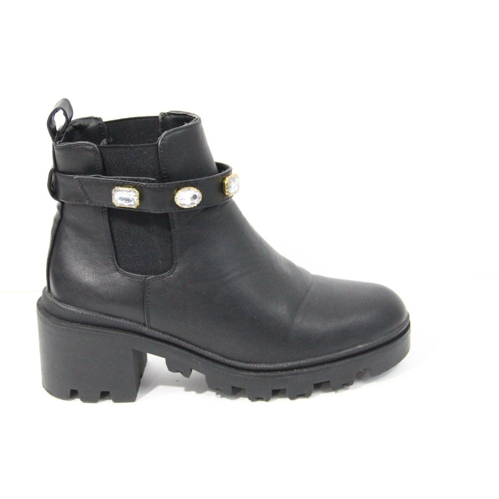 Nicole Miller Women Chunky Lug Sole Boots 7.5 Black Faux Leather Bootie